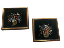 Vintage Hand-Painted Black velvet Signed -framed florals in a vase (set Of 2)) picture