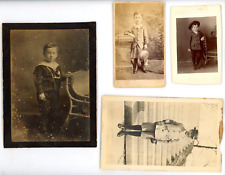 4 Early 1900's Antique Photos handsome Boys CDV Snapshot matted Studio Prop hats picture