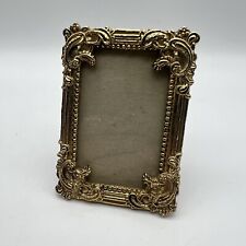 Vintage Metal Small Mini Picture Frame Sixtress NY London Gold Ornate 3.25”x2.5” picture