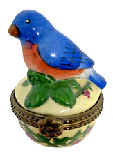 VTG Bluebird Trinket Pill Box Small Yellow Porcelain Bird Hinged Jewelry Holder picture