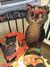 Vintage Halloween H E Luhrs Fun lot… Set Diecuts~ cardboard Winking Owl & Cat  picture