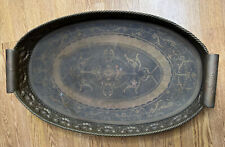 Castilian Imports Vintage Large Solid Brass Heavy Decorated Tray 27.5”X 16” X 4” picture