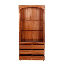 Teak Brown wood 2 Part Cabinet Engraved Solid Natural Holy Pooja Temple Handmade picture