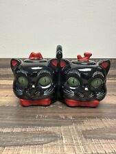 Vintage Shafford Black Double Cat Redware Condiment Marmalade Jars picture