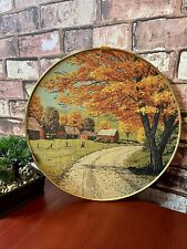 Vintage Fall Farm Countryside Landscape Round Brass Frame Print on Fabric picture
