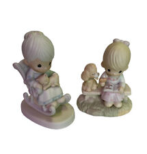 Precious Moments Figurines 1979 Signed Lot of 2 Grandma With Cat & Girl With Dog picture