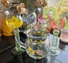 VINTAGE GLASS PITCHER With Tall Wine GLASSES HAND PAINTED FLOWERS picture