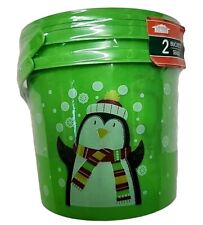 Christmas House 2 Bucket W/ Lids & Handles Set Plastic Green Penguin picture