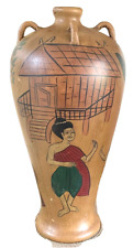 Vtg  Pier 1 Imports Earthenware Vase Hand Made Painted Thailand Folk Art 15.5