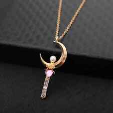 SAILOR MOON NECKLACE Gold & Pink Gem Moon Stick (Wand) Pendant Anime Gift picture