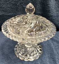 Depression Glass Large Swirl Pattern Pedestal Candy Dish With Lid Clear Crystal picture