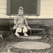 Vintage B&W Snapshot Photograph Adorable Little Girl Coat Bow In Hair picture