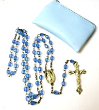 Vintage Blue Crystal Bead ROSARY Gold Tone Miraculous Virgin Mary 21
