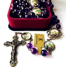 AMETHYST BEADS MARY ROSARY Vintage CROSS CRUCIFIX CATHOLIC NECKLACE BOX picture