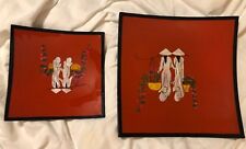 New Vietnam Lacquer Plates Set 2 Black Red Mother-Of-Pearl Inlay Square Asia picture