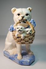 Fitz & Floyd Bulldog With Basket of Puppies Porcelain White & Blue Vintage FF picture