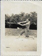 Young Man Photograph Playing Baseball 1950s Shirtless Shoeless 3 1/2 x 4 3/4 picture