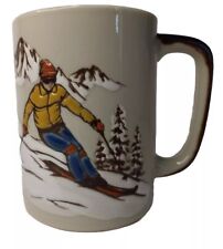 Vintage Otagiri Stoneware Coffee Mug Embossed Skier/Skiing Mountain Pine Tree picture