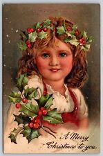 Postcard A Merry Christmas to You Brown Hair Red Girl PFB embossed 7792 R124 picture