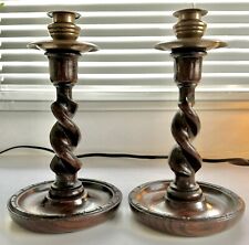 Pair Antique 8.5” English Oak Barley Twist Candlesticks with Brass Tops 1900’s picture