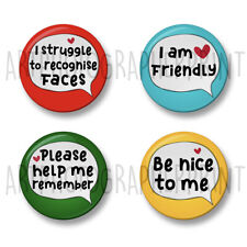 Prosopagnosia Pin Badge Set, 4 Badges, 32mm or 44mm, Struggle to recognise faces picture