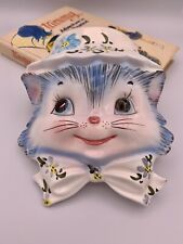 Vintage Lefton #1509 Miss Priss Wall Blue Kitty Cat Pocket Planter Wall Mount  picture