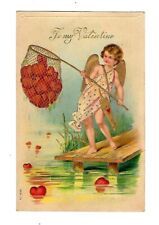 Early 1900's Fantasy Valentine Postcard Cupid Fishing Hearts On A Dock picture