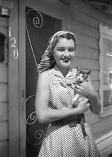 1950's Beautiful Woman Head Scarf Holding Cat  Vintage Photo Print picture