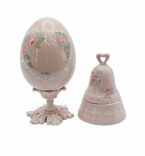 Lot 2 Bell-shaped Trinket Box & Egg on Stand Pink China Handpainted Roses Hearts picture