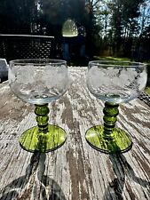 Vtg. 6oz German Roemer Wine Glasses, Dark Green Stems, Etched Grapes, Set of 2 picture