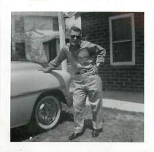 Beefcake Young Soldier Posing with 1940's  Car B/W Photo 1956 1957 Gay Interest picture