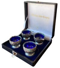 Vintage F B Rogers 4 Silver Plate Salt Cellars Cobalt Inserts with Spoons & Case picture