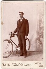 CIRCA 1890s CABINET CARD K.E. WASHBURN YOUNG MAN IN SUIT WITH BIKE BUFFALO MINN. picture