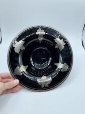 Antique Black Amethyst Glass Bowl Compote Silver Overlay Grapes Leafs picture