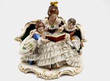 Antique Dresden Lace Porcelain Woman Holding kids Reading a Book on Sofa picture