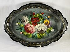 Vintage Signed Tole Painted Metal Tray Black Floral Oval Scalloped Edges picture