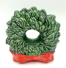 Vintage Ceramic Christmas Green Wreath With Red Bow Napkin Holder SIGNED 5” picture