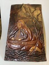 Vintage Hammered Copper Repousse Relief Tribal Musician Folk Art  SIGNED picture
