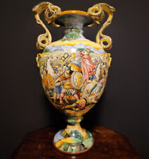 Unique XL Italian majolica vase 25.5 in. Early 1900s with Roman Battle scene picture