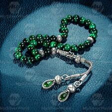 1000 Ct Silver Turkish Kazaz Green Tiger's Eye Islamic 33 Prayer Beads Tasbeeh picture