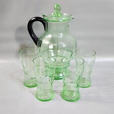Vintage Art Deco Depression Glass Green Pitcher & Drinking Glasses Drinkware Set picture