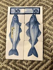 Vintage delft Style Tile Panel Mural Blue Fish Hanging On Hook 5x5” Tiles picture