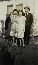 Three Women Standing With Man One Hiding Face B&W Photograph 3.25 x 5 picture