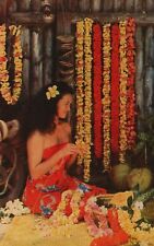 Vintage Postcard Lovely Hawaiian Girl Stringing Leis Of Native Flowers Honolulu picture