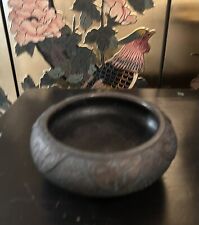 Japanese TOKANABE Black Pottery 3-Footed Bowl Raised Design Circa 1930's picture