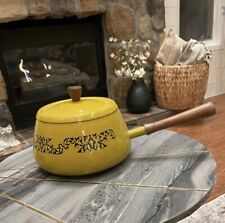 Vintage Mid-Century Enamel Saucepan Fondue Pot w/ Wood Handle Yellow MCM Japan picture