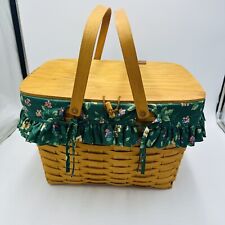 Longaberger Picnic Basket Large Lid Riser Floral Liner Vintage 1998 Warm Brown picture