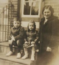 Vintage B&W 1940s Photo Lady Girl & Boy on Stoop Philadelphia Brick Row House  picture