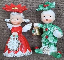 Vintage 1950's Napco Poinsettia Girl & Holly Boy Christmas Salt Pepper Shakers picture