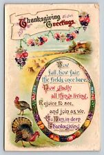 c1914 Thanksgiving Greetings Embossed Floral & Turkeys ANTIQUE Postcard picture